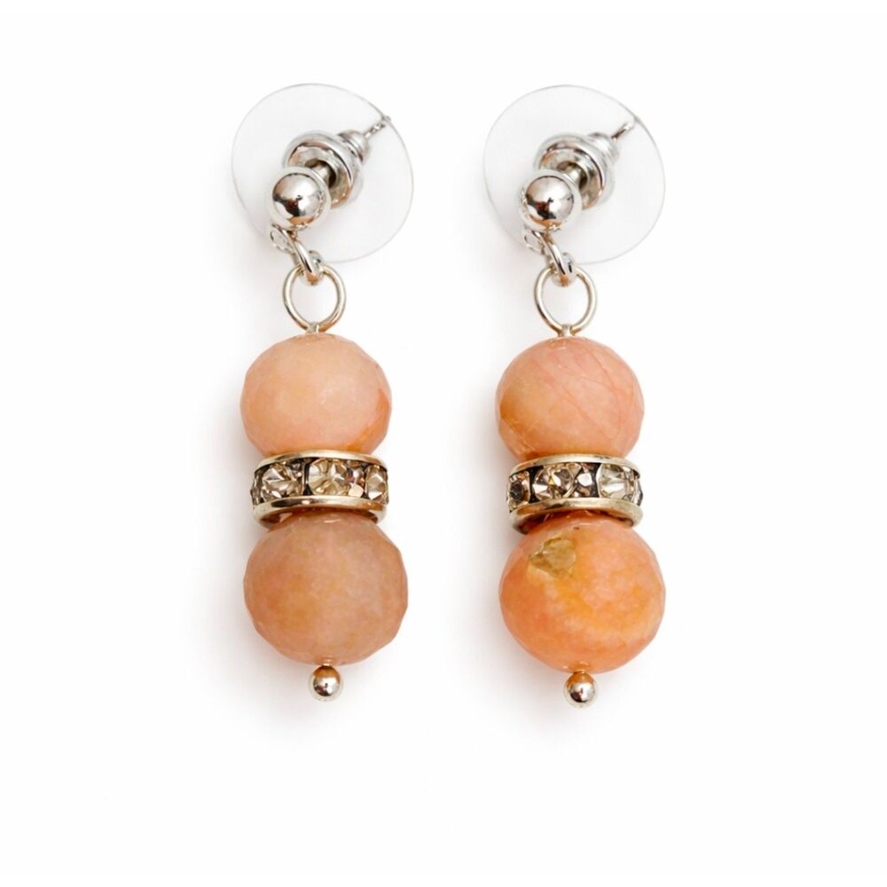 Peach Blush Gemstone Drop Earrings – Silver Crystal Spacer Accent
